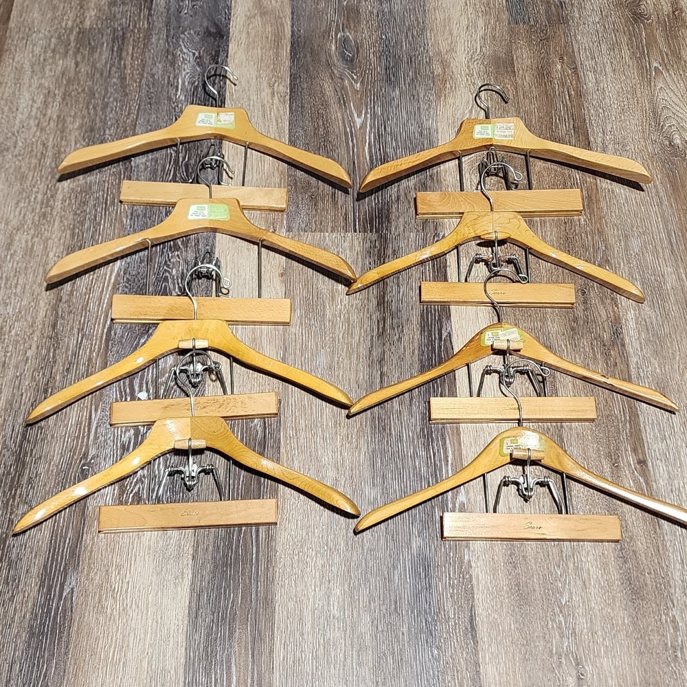 Lot 8 Vtg Wooden Hangers Suit Coat Pants Slacks Trouser Locking Clasp Sears